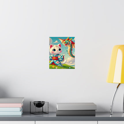 🪁🐉 Geisha Kitten and the Dragon Kite Matte Vertical Poster – Joyful Flight & Dragon Spirit