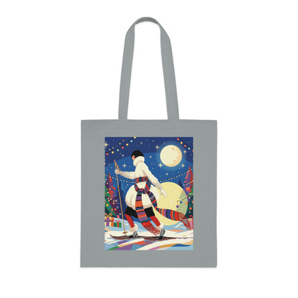 🎿🌙 The Moonlit Christmas Skier Cotton Tote Bag – Art Deco Holiday Adventure