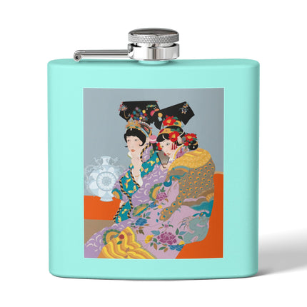 Two Geishas in Peacock Kimonos Flask – Timeless Elegance & Sisterly Grace