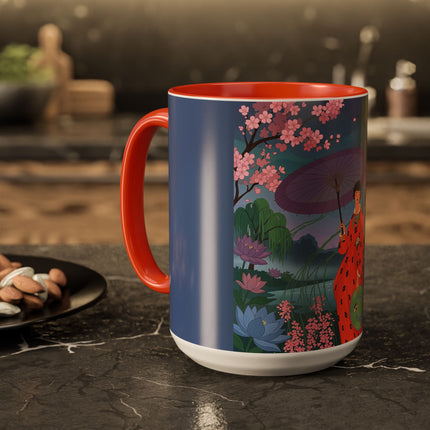 The Lady Of The Cherry Blossoms Colorful Mugs – Art Deco Spring Elegance