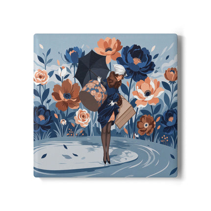 ☂️🌺 The Lady Of The Traveling Garden Ceramic Coaster – Art Deco Floral Adventure