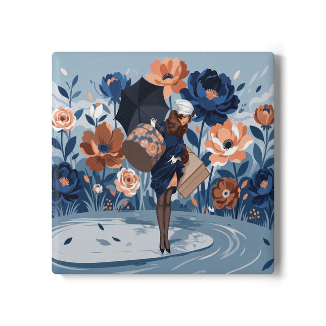 ☂️🌺 The Lady Of The Traveling Garden Ceramic Coaster – Art Deco Floral Adventure