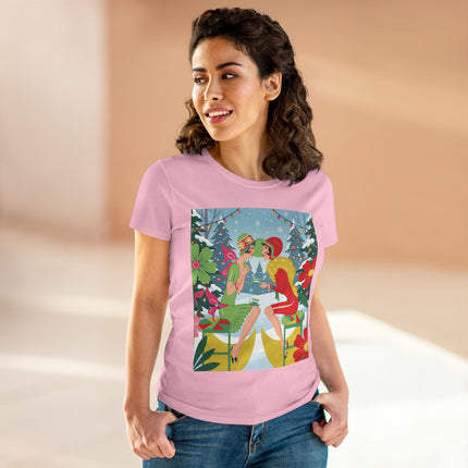 ☕❄️ Christmas Tea In The Snow Garden Cotton Tee – Art Deco Holiday Friendship