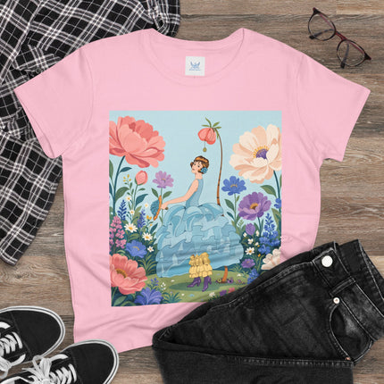 🌸🩵 The Blue Ruffle Garden Cotton Tee – Art Deco Floral Whimsy