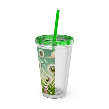 Geisha Kitten and the Dandelion Wish Sunsplash Tumbler with Straw, 16oz