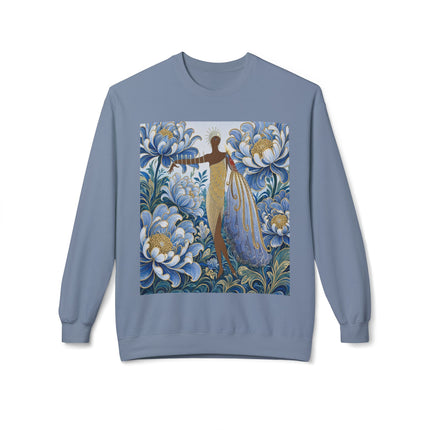 💙✨ The Lady Of The Gilded Blue Blossom Garden Midweight Crewneck Sweatshirt – Art Deco Floral Elegance