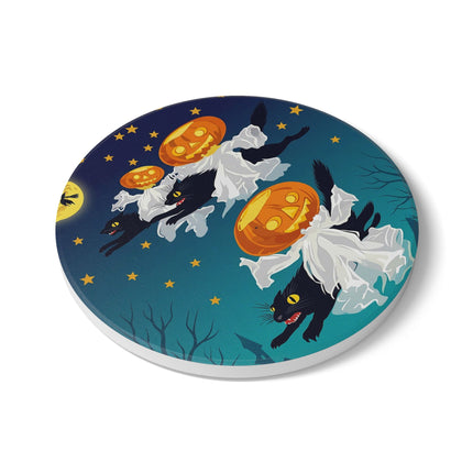 🐈‍⬛🎃 The Flying Black Cats Of Halloween Ceramic Coaster – Whimsical Storybook Charm