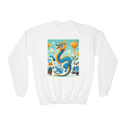 Blue & Gold Dragon Festival Parade Youth Crewneck Sweatshirt – Celebration, Color & Joyful Movement