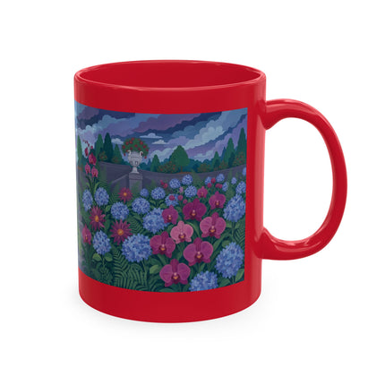 🦚🌸 The Lady & The Peacock On The Garden Steps Ceramic Mug – Art Deco Garden Elegance