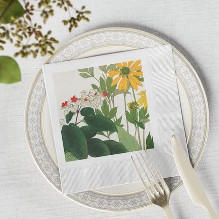 Clerodendrum & Rudbeckia by Tanigami Kônan White Coined Napkins
