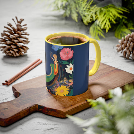 The Lady And The Crimson Moonbird Colorful Mugs – Art Deco Whimsical Garden Elegance