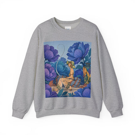💙🌸 The Lady Among The Blue Blossoms Crewneck Sweatshirt – Art Deco Floral Reverie