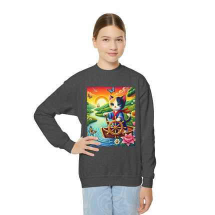 Sailor Kitten’s River Adventure Youth Crewneck Sweatshirt – Exploration, Joy & Storybook Adventure