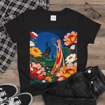 🌺🐦 The Enchanted Birdcage Garden Cotton Tee – Art Deco Floral Fantasy