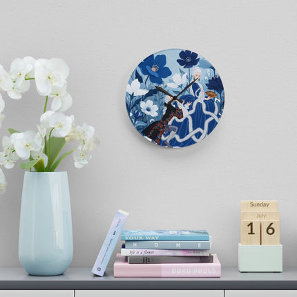 💙❄️ The Lady Of The Winter Blue Garden Acrylic Wall Clock – Art Deco Fashion Elegance