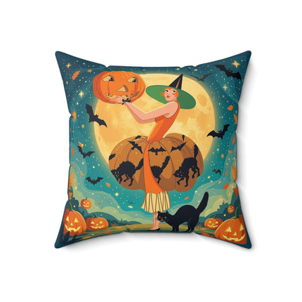 🦇🎃 The Witch Of Batwing Pumpkin Hollow Square Pillow – Moonlit Halloween Char
