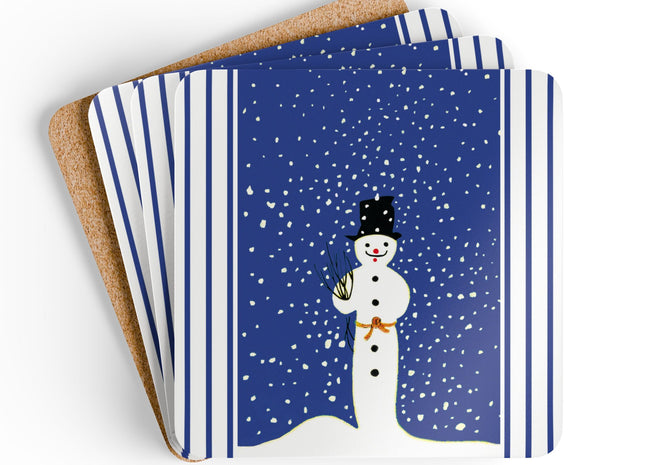 Snowman in Falling Snow Corkwood Coaster Set