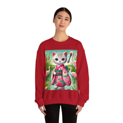 Geisha Kitten Strolls Among the Spoonbills  Unisex Heavy Blend™ Crewneck Sweatshirt