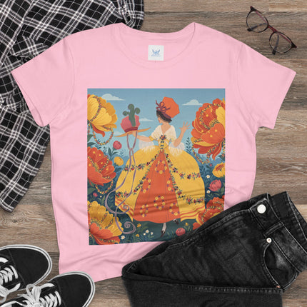 🧡🌼 The Golden Flower Promenade Cotton Tee – Art Deco Floral Elegance