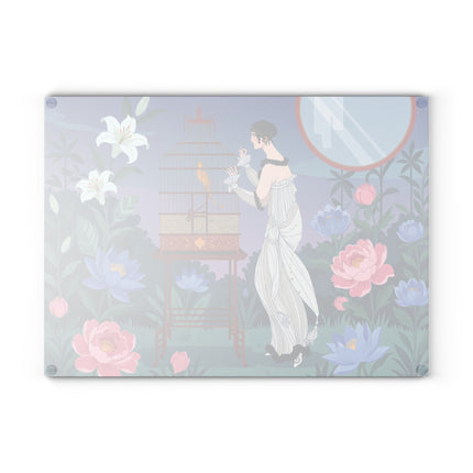 🐦🌸 The Lady Of The Golden Songbird Glass Cutting Board – Art Deco Floral Garden Elegance