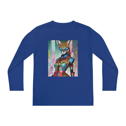 Cyber Cat Glamour Youth Long Sleeve Competitor Tee – Neon Elegance & Futuristic Style