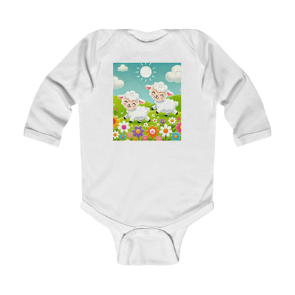 Pair of Lambs Baby Long Sleeve Bodysuit – Sweet Pastoral Lambs Meadow Design