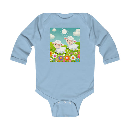 Pair of Lambs Baby Long Sleeve Bodysuit – Sweet Pastoral Lambs Meadow Design