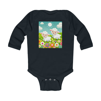 Pair of Lambs Baby Long Sleeve Bodysuit – Sweet Pastoral Lambs Meadow Design