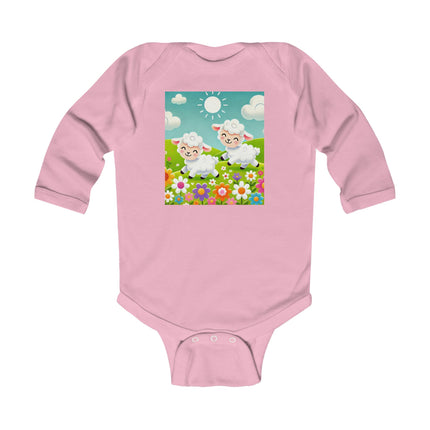 Pair of Lambs Baby Long Sleeve Bodysuit – Sweet Pastoral Lambs Meadow Design