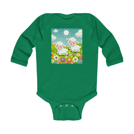 Pair of Lambs Baby Long Sleeve Bodysuit – Sweet Pastoral Lambs Meadow Design