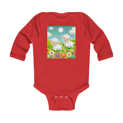Pair of Lambs Baby Long Sleeve Bodysuit – Sweet Pastoral Lambs Meadow Design