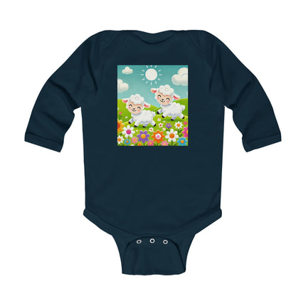 Pair of Lambs Baby Long Sleeve Bodysuit – Sweet Pastoral Lambs Meadow Design