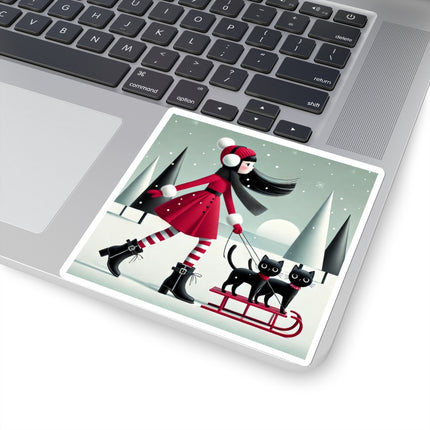 Red Sled & Curious Cats Kiss-Cut Stickers (4 Sizes)