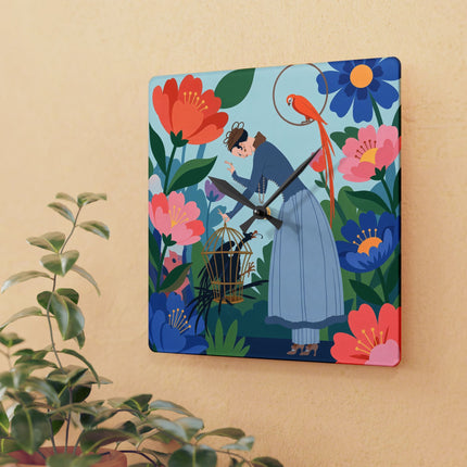 🌺🦜 The Lady Of The Enchanted Aviary Acrylic Wall Clock – Art Deco Floral Garden