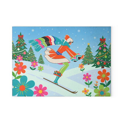 🎿❄️ The Christmas Ski Jumper Glass Cutting Board – Colorful Winter Holiday Fantasy