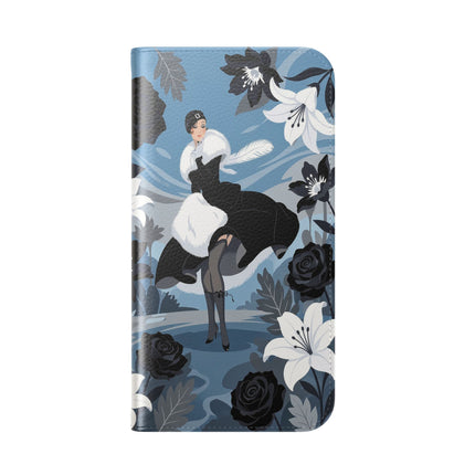 🖤🤍 The Lady Of The Black Rose Garden Flip Case – Art Deco Floral Elegance
