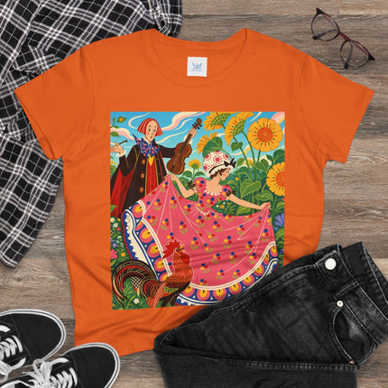 🎻🐓 The Garden Serenade Cotton Tee – Art Deco Folk Whimsy