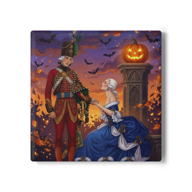 🎃💙 The Pumpkin Lantern Courtship Ceramic Coaster – Romantic Halloween Elegance