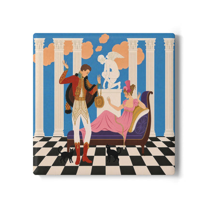 🐈🏛️ The Grand Salon Courtship Ceramic Coaster – Art Deco Neoclassical Romance