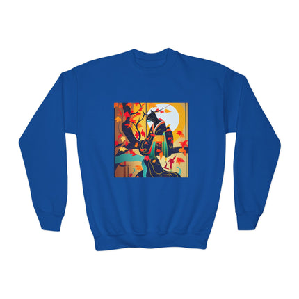 Black Cat in Kimono Youth Crewneck Sweatshirt