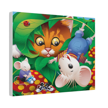 Whimsical Adventure – Playful Cat and Mice in a Colorful Forest