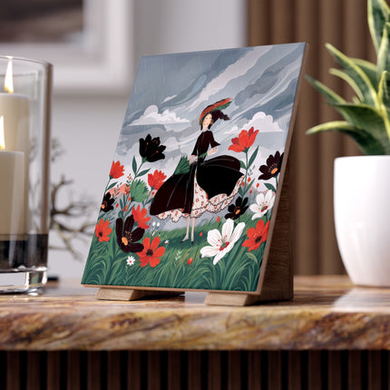 🌧️🌺 The Stormy Flower Walk Ceramic Tile – Art Deco Floral Fashion