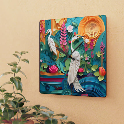 Elegant Egret Oasis Acrylic Wall Clock, Square