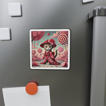 Whimsical Geisha Kitten in a Valentine Garden Die-Cut Magnets (5 Sizes)