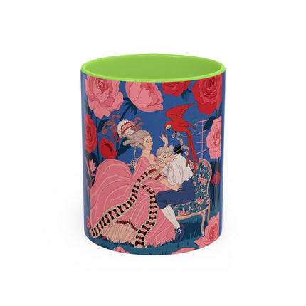 The Lady And The Scarlet Macaw Colorful Mugs – Art Deco Floral Elegance
