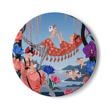 🌸🪽 The Garden Of Little Cupids Ceramic Coaster – Art Deco Floral Fantasy