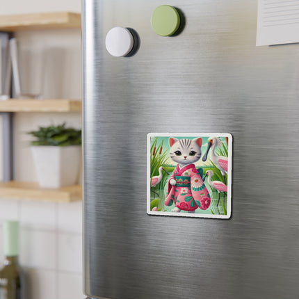 Geisha Kitten Strolls Among the Spoonbills Die-Cut Magnets (5 Sizes)
