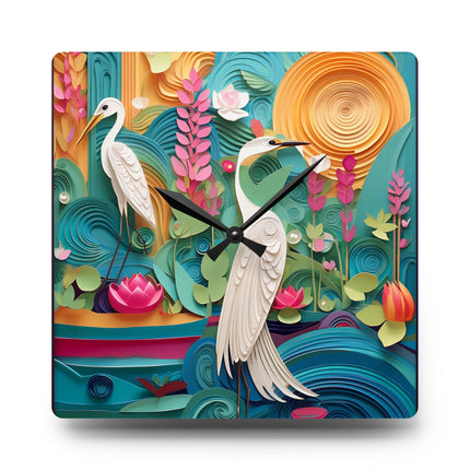Elegant Egret Oasis Acrylic Wall Clock, Square