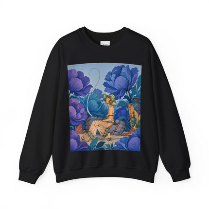 💙🌸 The Lady Among The Blue Blossoms Crewneck Sweatshirt – Art Deco Floral Reverie