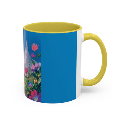 The Lady And The Moonlit Peak Colorful Mugs – Art Deco Alpine Garden Elegance